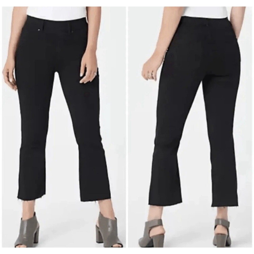 SPANX Jeans Womens M Black High Waist Crop Flare Raw Frayed Hem Stretch Pull On